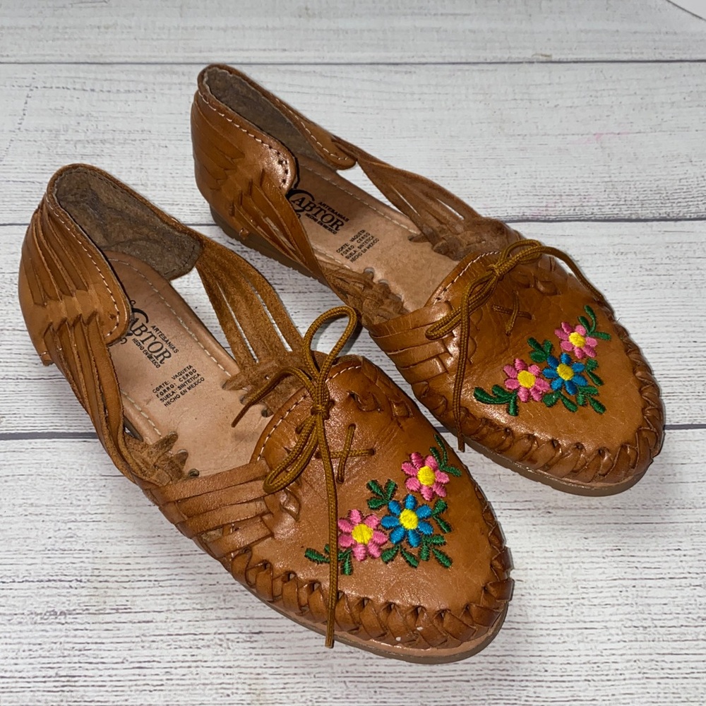 Authentic Brown Leather Sandals with Floral Embroidery Made in Mexico